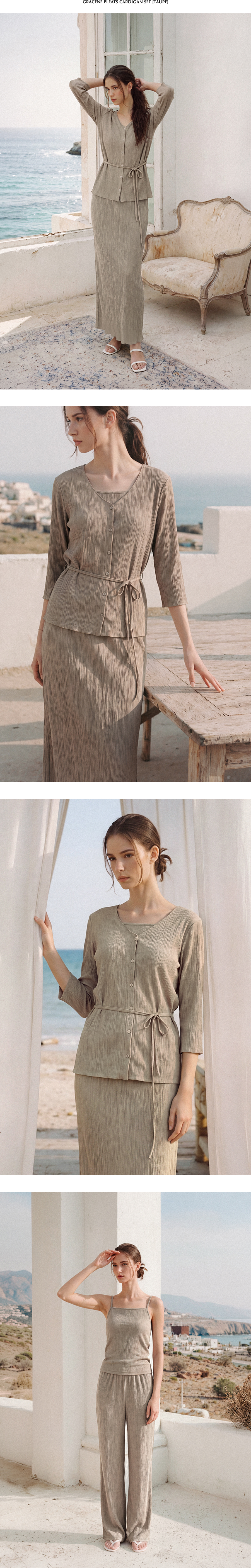 新品未使用 PXG TRI TONE CARDIGAN&SKIRT SET 予約商品] GRACENE PLEATS CARDIGAN SET - TAUPE (6/10以降順次発送